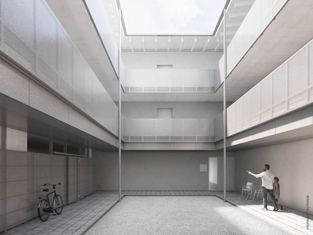 das mo:mo - Neubauprojekt in Moosburg Innenhof - gefördertes Eigentum © Wetschko Architekten